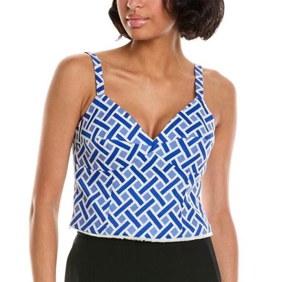 TRINA TURK Swian Crop Tank Top Size 6 Blue Lattice Luxe Resort Fringe - Picture 1 of 9